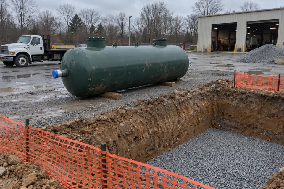 New steel oil water separator tank on timber blocks beside a stone-bedded excavation at a vehicle maintenance yard